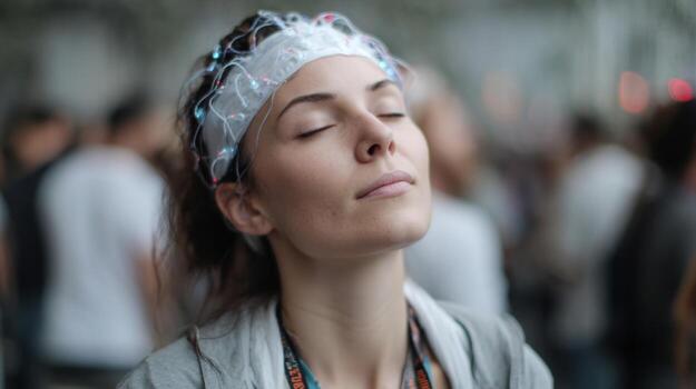A closeup of a participants face eyes softly closed with pulsing light emanating from their EEG headband illustrating the synchronization of thoughts and emotions with others in th photo