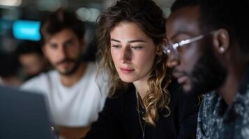A closeup of a diverse team of developers reviewing code on laptops deeply engaged in discussions about ethical AI deployment featuring notes on potential societal impacts and regulator photo