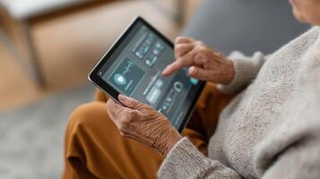 A closeup view of an elderly person holding an interactive tablet featuring a virtual AGI companion as the screen shows a conversational interface with heart rate medication reminder photo