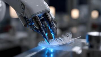 An advanced robot equipped with soft adaptive grippers carefully maneuvering a feather as the tactile feedback system colors the surrounding workspace in varying shades of blue to photo