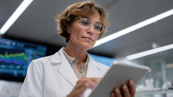 A scientist in a sleek lab coat examining an illuminated tablet displaying graphs and data points related to crossspecies organ compatibility emphasizing AGI models that suggest optima photo