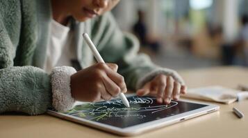 An overhead shot of a person practicing cursive writing with a stylus on a smart notebook where swirling lines and animated feedback symbols highlight the areas of improvement in rea photo