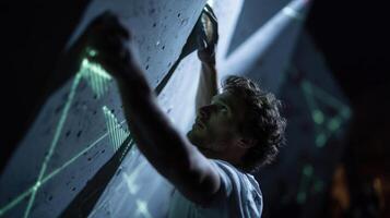 The scene captures an intense moment as a climber reaches for a holographic hold that abruptly adjusts its position showcasing the agility of AGI in creating a responsive climbing photo