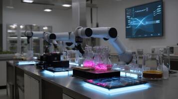 A of autonomous lab robots working in harmony on a large countertop each conducting separate chemical reactions while communicating their progress via a central data interface projecte photo
