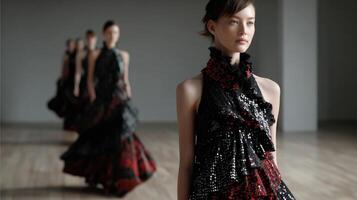 An assembly of avantgarde dresses intricately designed with reflective pixelated textures showcasing the interplay of light and shadow as the models rotate gracefully emphasizing th photo