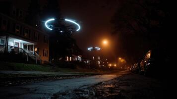 The reflective surfaces of the drones catch glimmers of city lights as they navigate the night sky seamlessly blending technology with the peaceful ambiance of a quiet neighborhood photo