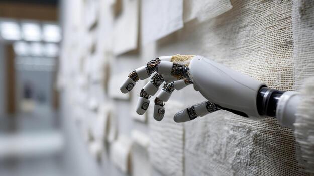A side view of a humanoid robot interacting with an array of textured surfaces that simulate various delicate materials with visible sensors that react dynamically to touch showcasin photo