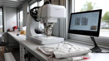 Inside the robotailor van a robotic arm expertly stitches fabric together in a smooth precise motion while a digital screen shows the customization options selected by the customer photo