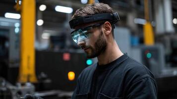An engineer in a factory wearing augmented reality glasses overlaying visual data projections that indicate machinery health and predict upcoming maintenance needs photo