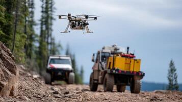 A mixed environment featuring aerial and ground robots seamlessly transitioning between air and land where aerial units scout ahead for obstacles while ground units navigate throug photo
