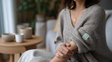 A wearable patch on a users arm capturing glucose levels and hydration status depicted in a cozy home environment showcasing the blend of technology and everyday life without compromisin photo