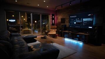 A modern home entertainment room where an AGI intelligently analyzes background noise from outside and modulates audio settings for an immersive sound experience using virtual photo