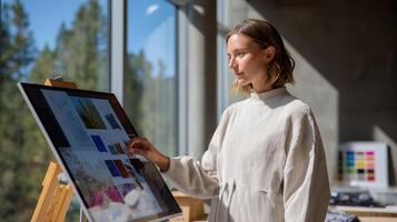In a sunlit space an AGI tutor hovers beside a digital easel projecting holographic diagrams of sewing patterns and fabric swatches helping a beginner understand how to and assembl photo