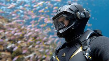 A closeup of a freedivers gilltech exosuit featuring advanced sensors and holographic displays that provide instant feedback and data visualization while the oceans depths swirl wit photo