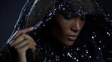 A closeup view of a model donning a voxelcrafted cloak with cascading layers each layer defined by sparkling particles that mimic the effects of silk and satin capturing the essenc photo