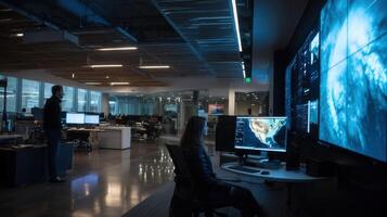 A futuristic workspace where scientists collaborate using advanced computers and climate modeling software surrounded by large screens showing highresolution simulations of weathe photo