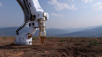 A closeup view of the 3D printing nozzle of a trenchcrawler rover as it extrudes a viscous material forming the domes foundation on a barren surface with the horizon showcasing distan photo