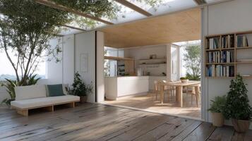 Interior view of a modular living space revealing an open floor plan as walls retract and shift dynamically adapting to the preferences and activities of residents throughout the evening photo