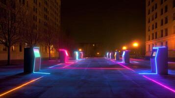 A nighttime scene filled with illuminated game stations set up in an empty plaza where flickering lights from installations signal opportunities for interaction drawing in lonely photo