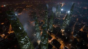 An aerial view of a bustling cityscape dotted with vertical farming towers each illuminated in the evenin photo