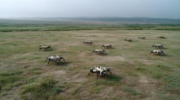 A robotic swarm engaging in a simulated searchandrescue mission within a vast open field demonstrating their ability to respond quickly to changing conditions adapting their strategie photo