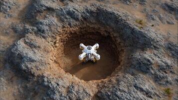 An aerial perspective of a trenchcrawler AGI rover operating in a crater its autonomous system directing the 3D printing process to erect a protective dome while robotic arms adjus photo
