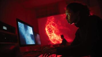 Programmer working on computer in futuristic red office at night photo