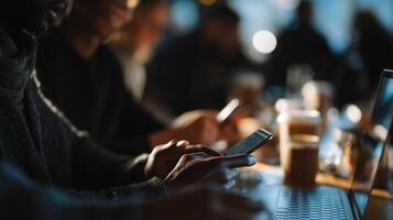 Software developers using mobile phones and laptops in coworking space photo