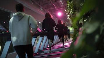 A cluster of friends cheer each other on laughter punctuating their tireless effort. One climber arms extended pushes upward grasping a remote control. The treadmills settings ram photo