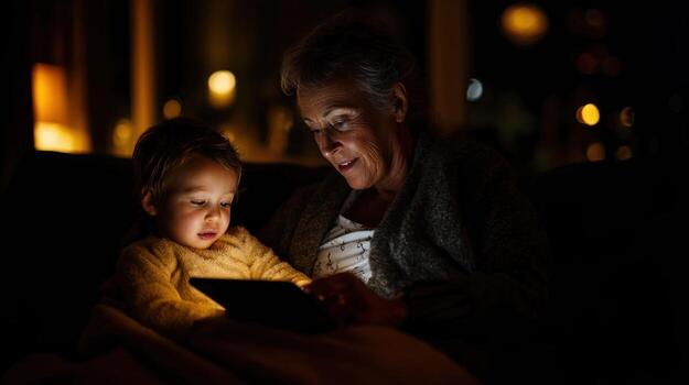 A serene nighttime atmosphere where a grandchild rests on a grandparents lap both mesmerized by the glowing screen of an interactive storybook app that communicates in multiple language photo