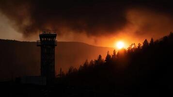 A dramatic sunset scene featuring a lookout tower silhouetted against bright orange and yellow smoke clouds representing the interface of technology and nature in wildfire observation photo