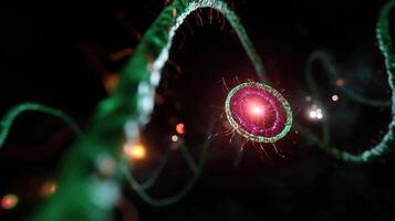 An immersive VR experience highlighting the nucleolus surrounded by chromatin featuring bright fluorescent colors that reveal the complex structure and organization of genetic material photo