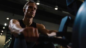 A fitness enthusiast is focused on their workout as an advanced rowing machine autocalibrates resistance levels in realtime by accessing cloudstored fitness goals and capabilities photo