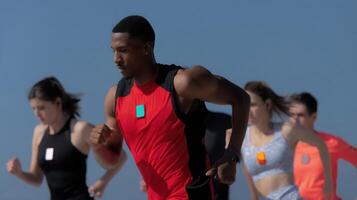 A group of athletes engaged in outdoor training each equipped with biosensor patches highlighting their commitment to performance monitoring and hydration management photo