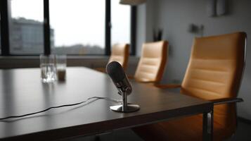 An empty consultation room with modern furnishings highlighting a microphone set up on the desk symbolizing handsfree voice AI scribing for private medical discussions photo