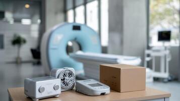 Closeup view of the compact telestroke kit featuring a hightech CT scanner and telecommunication devices set against a medical facility backdrop photo