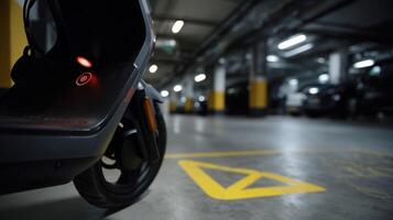 A focused shot of the selfparking technology on an escooter highlighting sensors and navigation elements that facilitate automated parking in designated zones photo