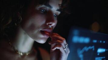 A holographic interface projecting a graph displaying taste preferences and nutritional needs while an AI algorithm adjusts the composition of the chewing gum to personalize the experienc photo