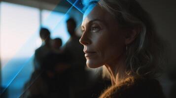 A splitscreen image shows an individual at different life stages with the AGI in the background curating these moments into a cohesive narrative that draws connections and imparts wisdom photo