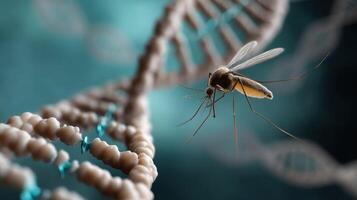 An artists rendition of a mosquito with highlighted DNA sequences visually depicting the prospective changes in its genetic makeup due to CRISPR technology set against a scientifi photo