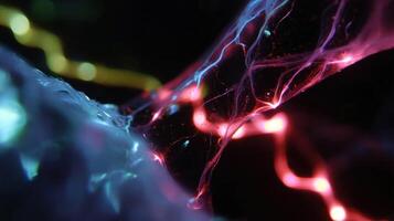 Closeup view of holographic overlays capturing the intricate behavior of individual particles in a chaotic water stream highlighting the interaction between turbulence and fluid dynamics photo