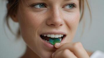 A closeup view of a person chewing a gum that visibly changes colors as it releases nutrientinfused bursts illustrating the dynamic interaction between the gum and the users uniqu photo