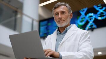 A scientist in a white lab coat analyzing nanopore sequencing outputs on a laptop with graphical representations of genomic variants in the background showcasing the intersection o photo