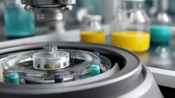 A lab environment featuring a stateoftheart centrifuge with tubes inside spinning rapidly symbolizing advanced research techniques in motion photo