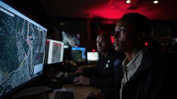 A scene inside a command center filled with screens displaying realtime traffic data and evacuation routes where AGI algorithms calculate optimal paths and instantly update LED roa photo