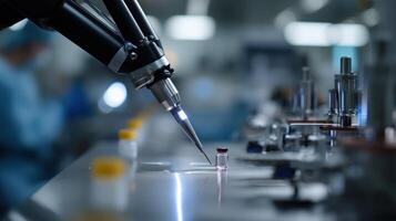 Closeup shot of a robotic arm operating in a cleanroom setting equipped with precise instruments to automate the manufacturing process of viral vectors used in gene therapy treatments photo