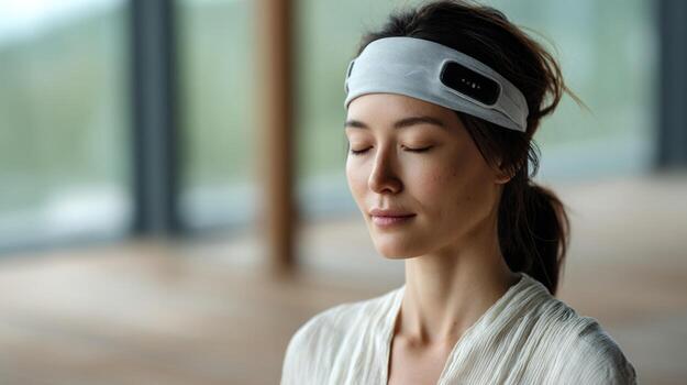 A futuristic headband equipped with sensors effortlessly visualizing brainwave activity and stress levels on an integrated OLED display set against a serene meditation environment tha photo