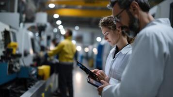 Workers collaborating in a bright organized space using tablets to input custom design parameters for sneakers while machinery operates in the background photo