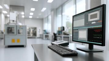 A visual of a control panel displaying realtime measurement data from the characterization of a photonic neuralnetwork chip set against the backdrop of a cleanrooms pristine surface photo
