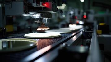 A detailed image of silicon wafers being sorted and stacked off a contactfree conveyor showcasing the advanced robotics designed to handle delicate materials without physical contact photo